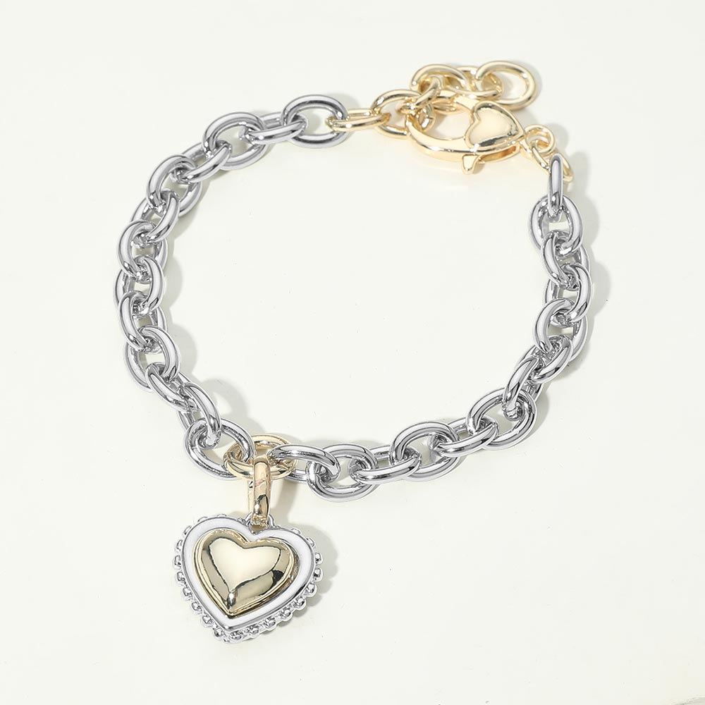 Madeline Love Two Tone 14K Gold Plated Two Tone CZ Pave Heart Charm Chunky Chain Bracelet