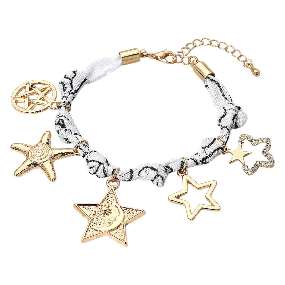 Madeline Love Gold, White Star Charm Embellished Scarf Fabric Chain Bracelet - Bracelets - desc