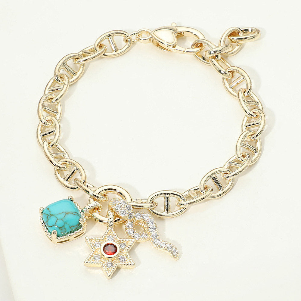 Madeline Love Gold 14K Gold Plated CZ Stone Snake Star and Square Charm Accent Oval Link Chain Bracelet