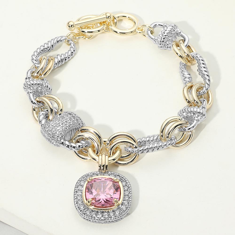 Madeline Love Rose, Two Tone 14K Gold Plated Two Tone Square CZ Stone Charm Mixed Link Toggle Bracelet