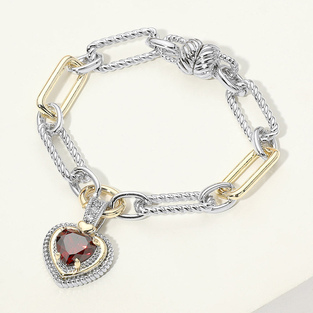 Madeline Love Red, Two Tone 14K Gold Plated Two Tone CZ Heart Charm Mixed Link Chain Magnetic Bracelet
