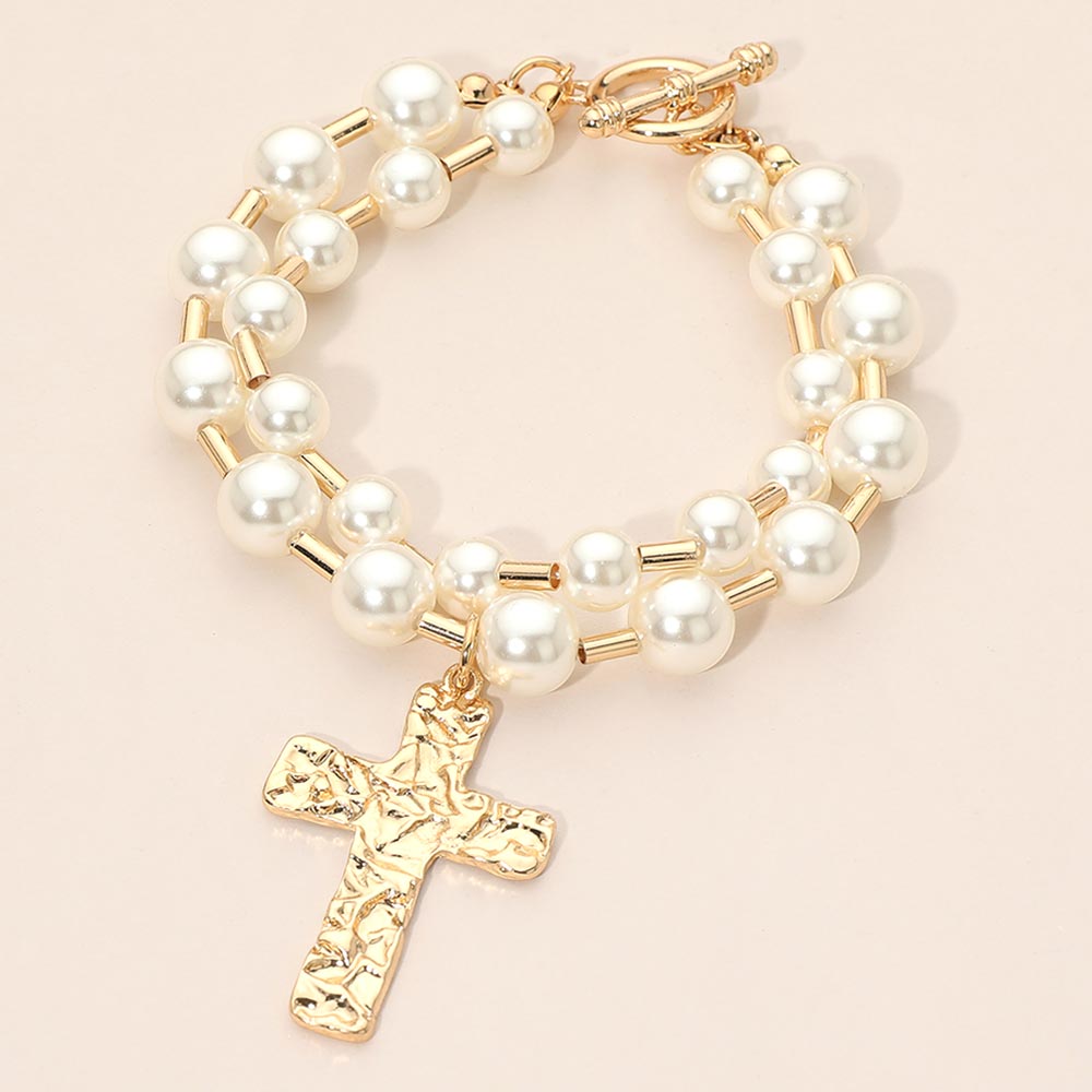 Madeline Love Cream, Gold Hammered Metal Cross Charm Layered Pearl Beaded Toggle Bracelet