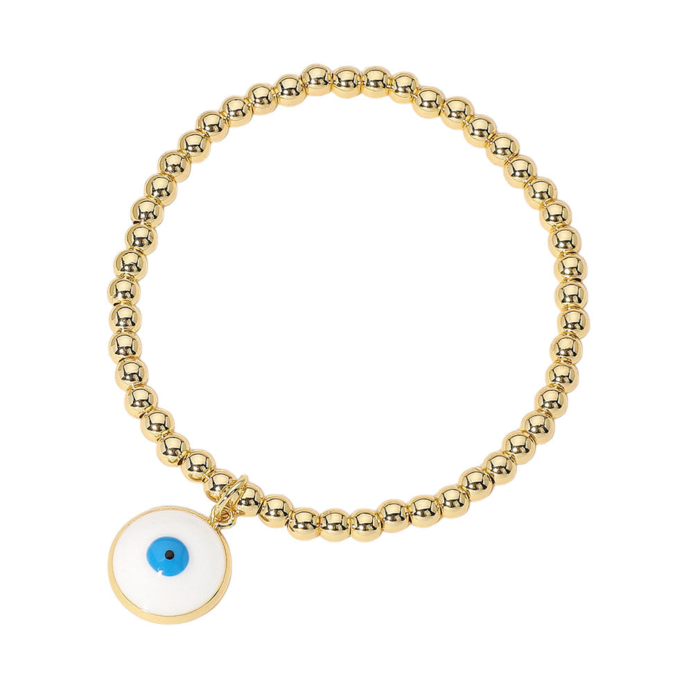 Gold White Stainless Steel Ball Evil Eye Charm Beaded Stretch Bracelet features a gold navy color and a charming design of the protective evil eye. Made with high-quality stainless steel, it measures 0.2" in height and is stretchable for a comfortable fit. The 0.5" X 0.5" charm adds a touch of unique elegance.