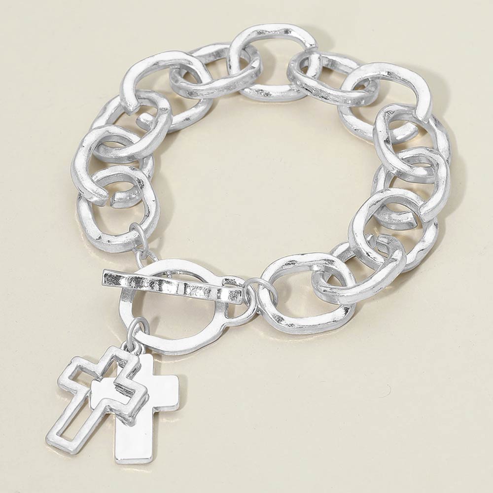 Madeline Love Rhodium, Worn Silver Hammered Layered Cross Charm Chunky Chain Toggle Bracelet - Bracelets
