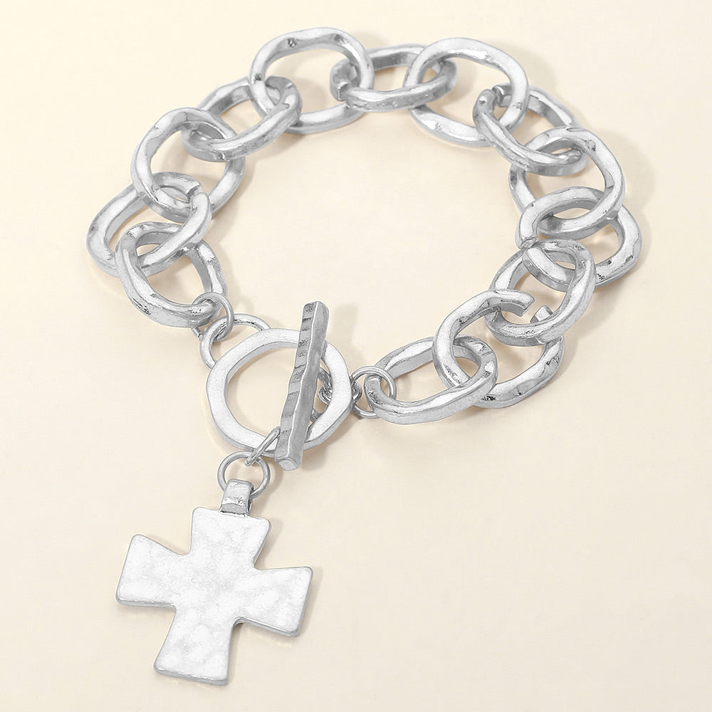 Madeline Love Worn Silver Hammered Metal Cross Charm Chunky Chain Toggle Bracelet - Bracelets