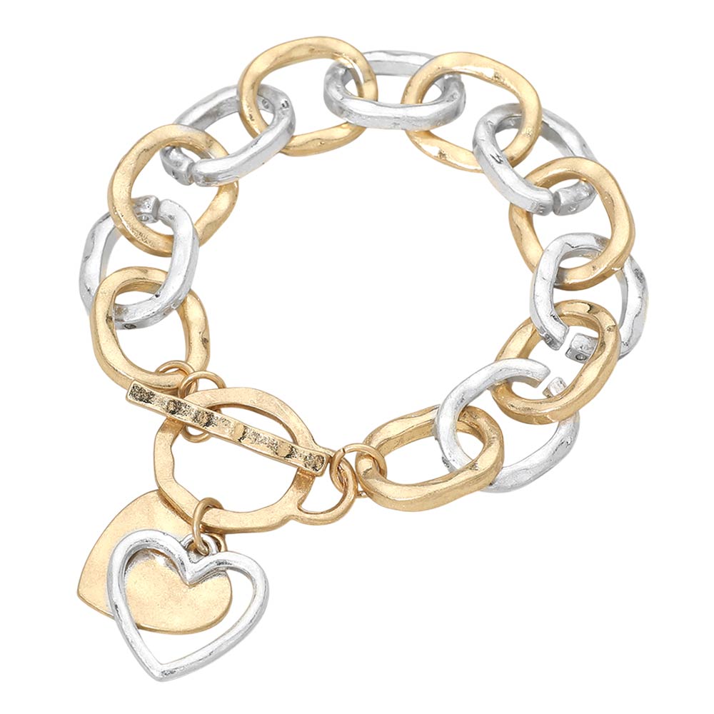 Madeline Love Worn Gold, Worn Silver Hammered Layered Heart Charm Chunky Chain Toggle Bracelet - Bracelets - desc