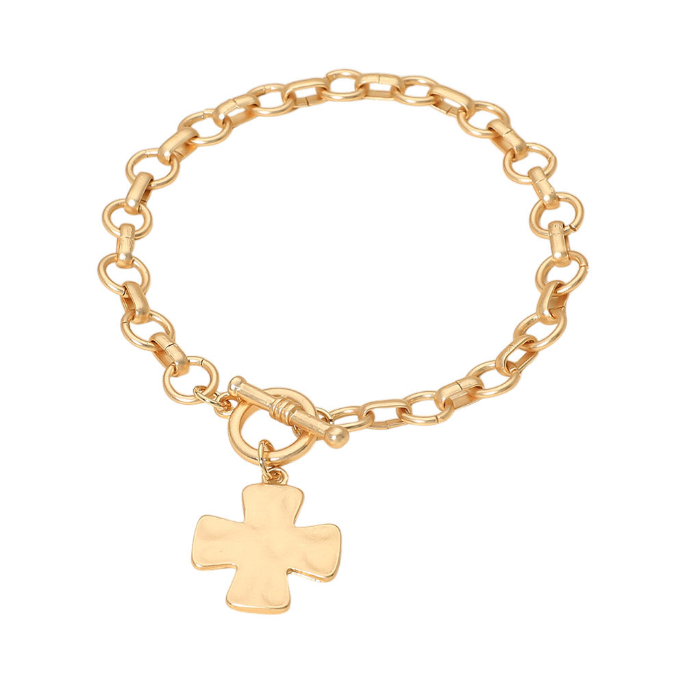 Madeline Love Gold Matte Hammered Metal Cross Charm Toggle Chain Link Bracelet - Bracelets - desc