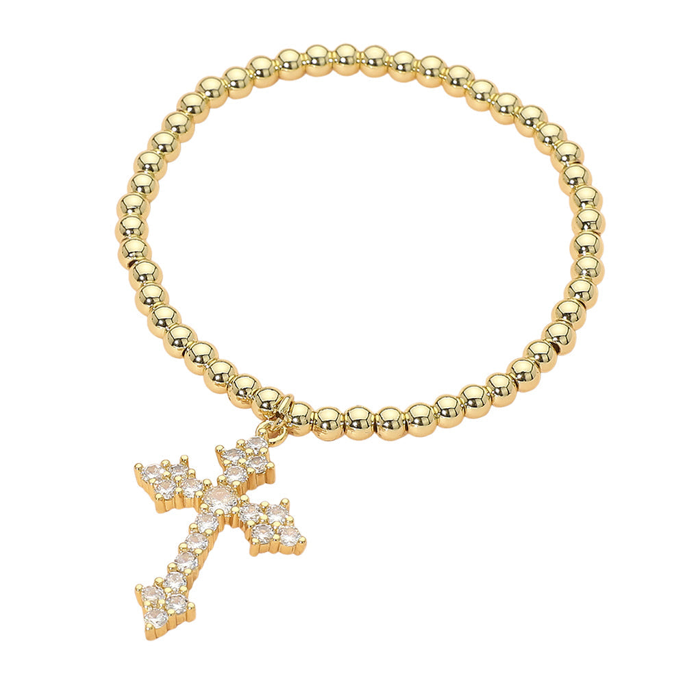 Madeline Love Gold Stainless Steel CZ Cross Charm Beaded Stretch Bracelet - Hair Accessories - desc