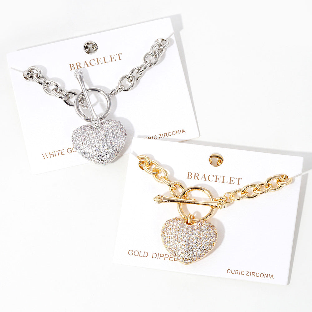 White Gold Dipped CZ Pave Heart Charm Toggle Bracelet - Rhodium - Bracelets