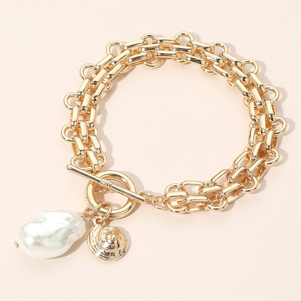 Madeline Love Gold Chunky Organic Pearl Shell Charm Toggle Bracelet - Bracelets