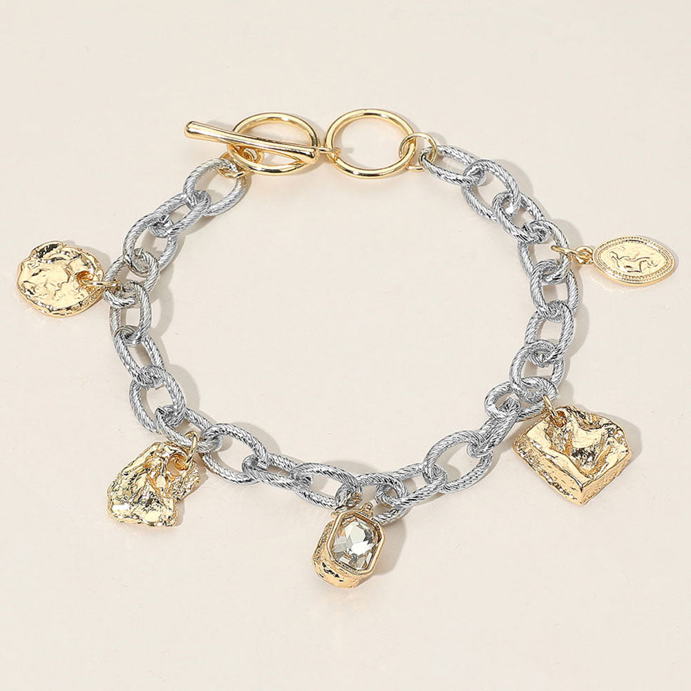 Madeline Love Gold, Rhodium Geometric Textured Charm Station Chunky Chain Toggle Bracelet