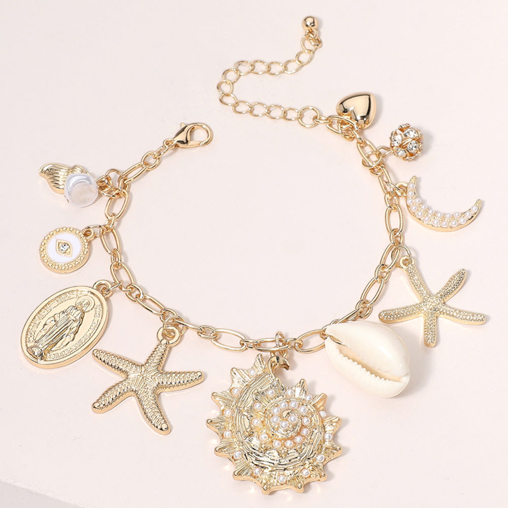 Gold, White Pearl Paved Shell Crescent Metal Starfish Heart Evil Eye Virgin Mary Charm Station Bracelet