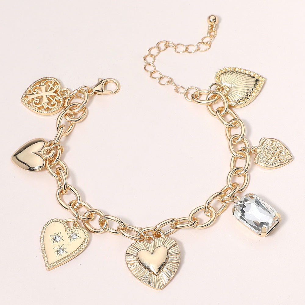 Madeline Love Clear, Gold Metal Heart Cross Stone Charm Station Bracelet - Bracelets