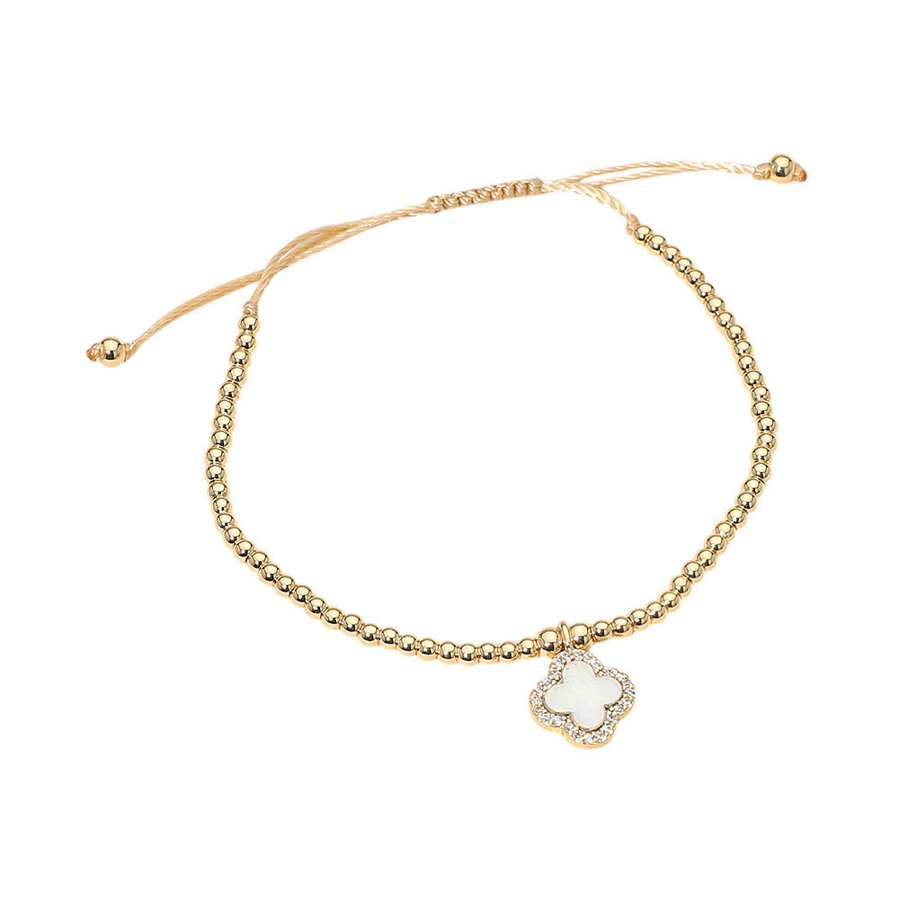 Madeline Love Cream, Gold CZ Rim Mother of Pearl Quatrefoil Charm Beaded Adjustable Cinch Pull Tie Bracelet - Bracelets - desc