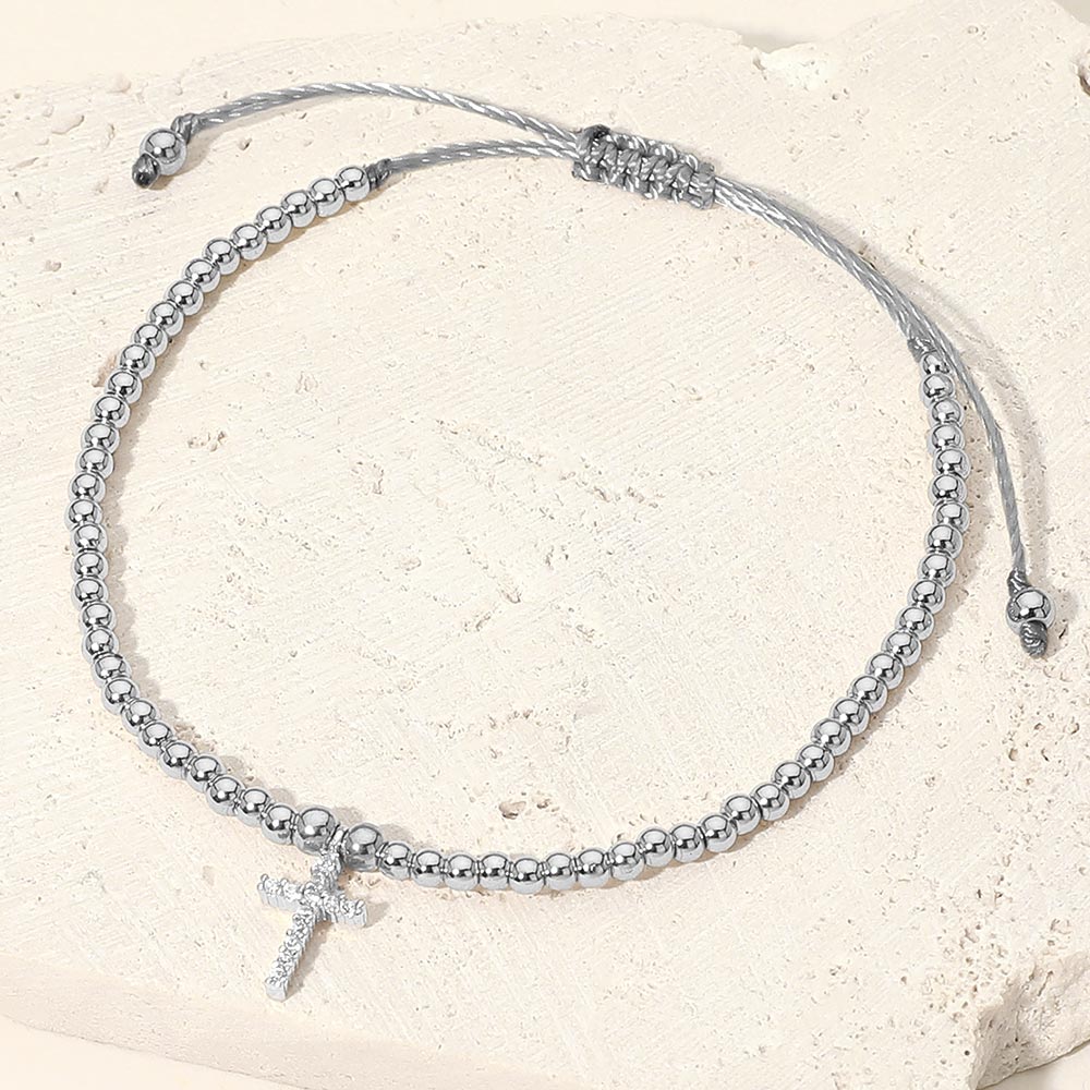 Madeline Love Clear, Rhodium CZ Cross Charm Beaded Adjustable Cinch Pull Tie Bracelet