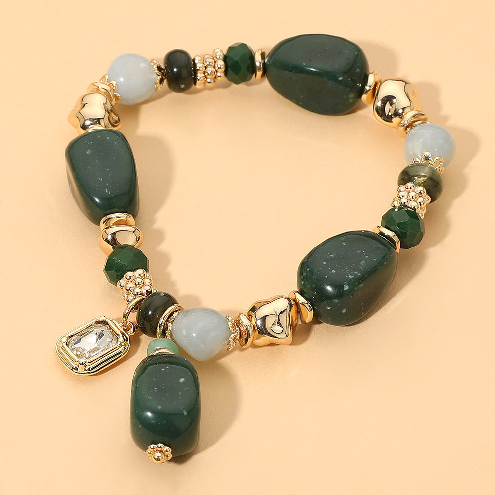 Madeline Love Gold, Olive Green Faceted Stone Charm Beaded Stretch Bracelet