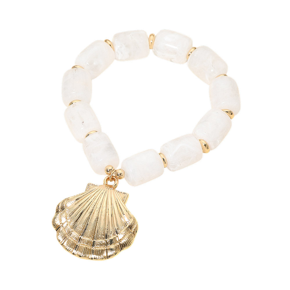 Madeline Love Gold, White Bold Textured Seashell Charm Chunky Resin Beaded Stretch Bracelet - Bracelets - desc