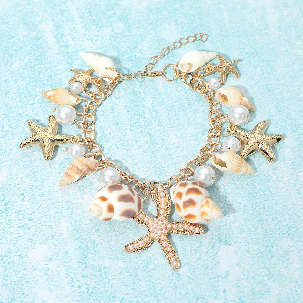 Madeline Love Gold Coastal Shell Starfish Pearl Charm Station Bracelet - Bracelets