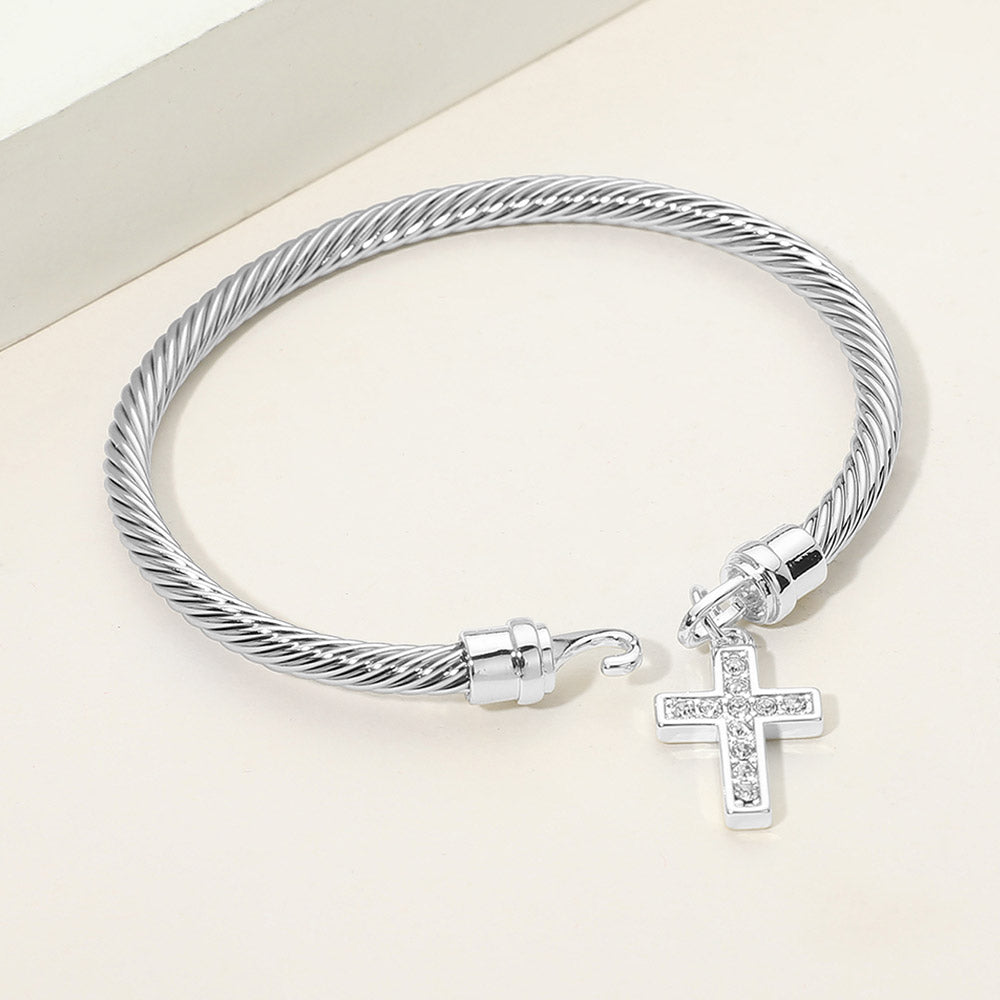 Madeline Love Silver Rhodium Plated CZ Pave Cross Charm Cable Bangle Bracelet - Bracelets - extra