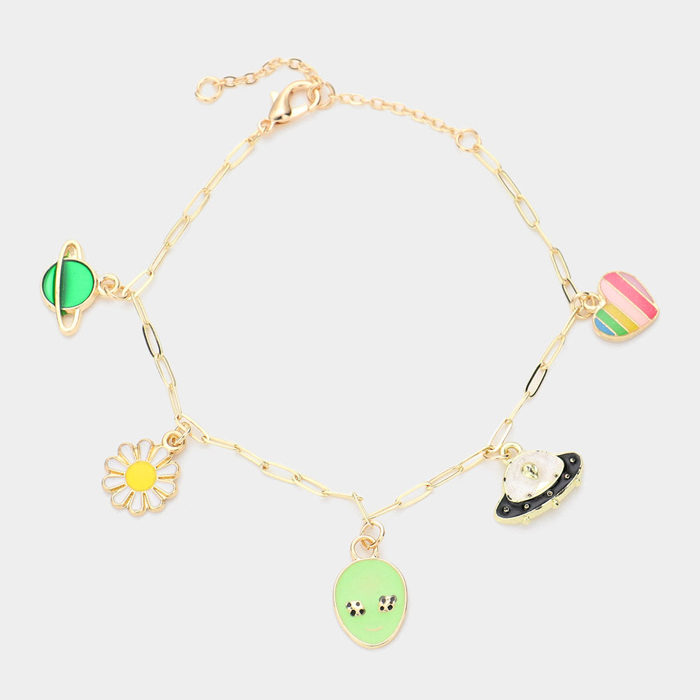 Madeline Love Multi Enamel Planet Flower Alien Spacecraft Heart Charm Station Bracelet - Bracelets