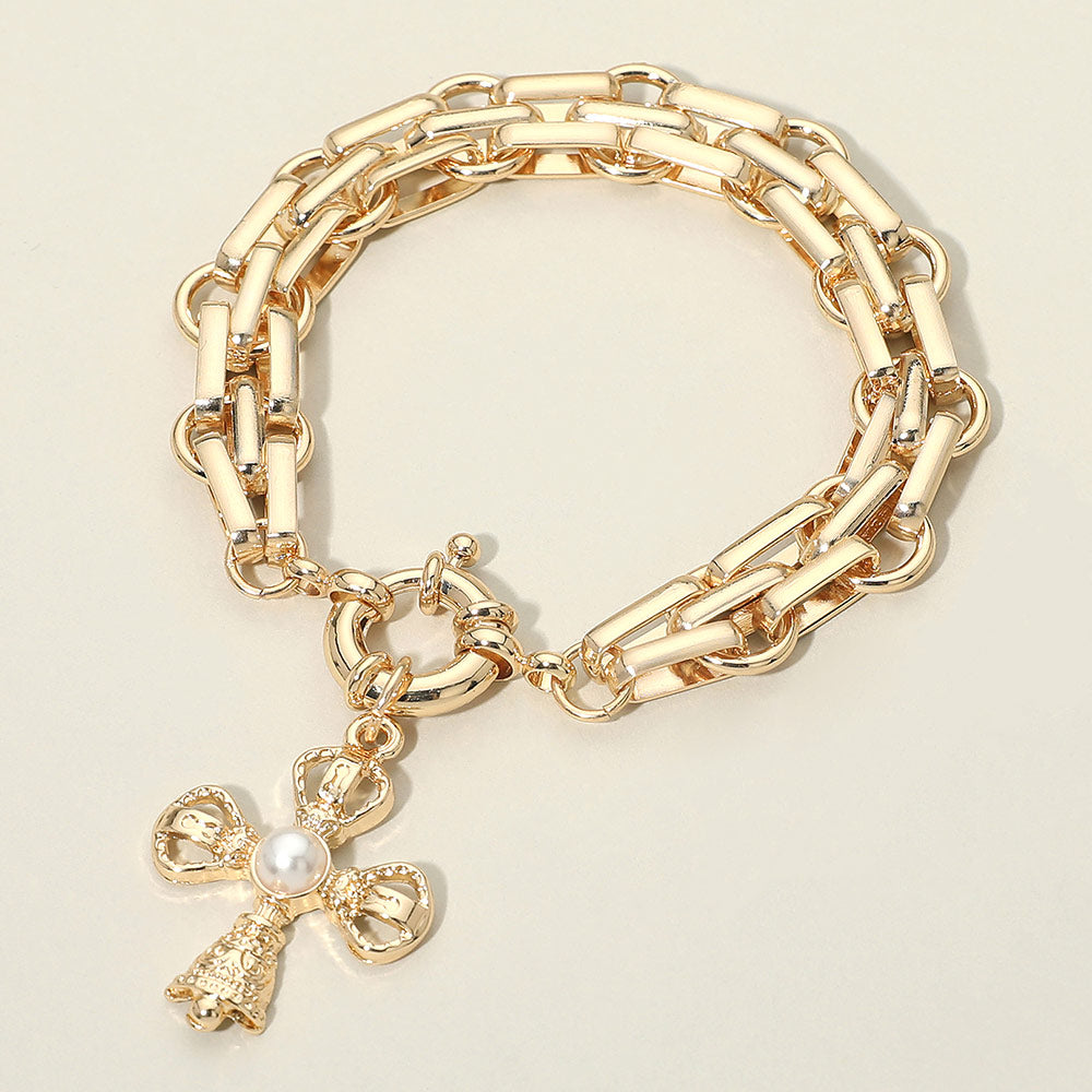 Madeline Love Cream, Gold Pearl Accent Cross Charm Chunky Link Chain Bracelet