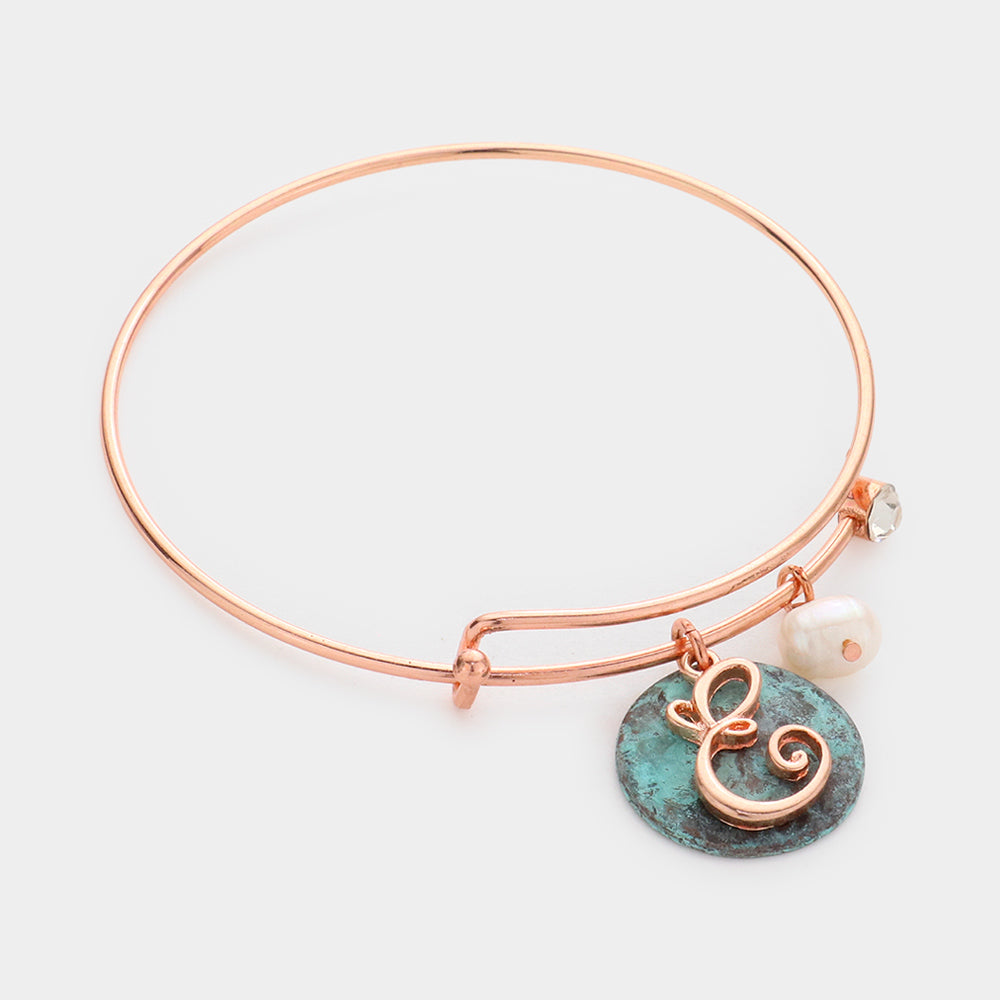 Madeline Love ~E~, Patina Verdigris -E- Initial Monogram Pearl Charm Bracelet - Bracelets