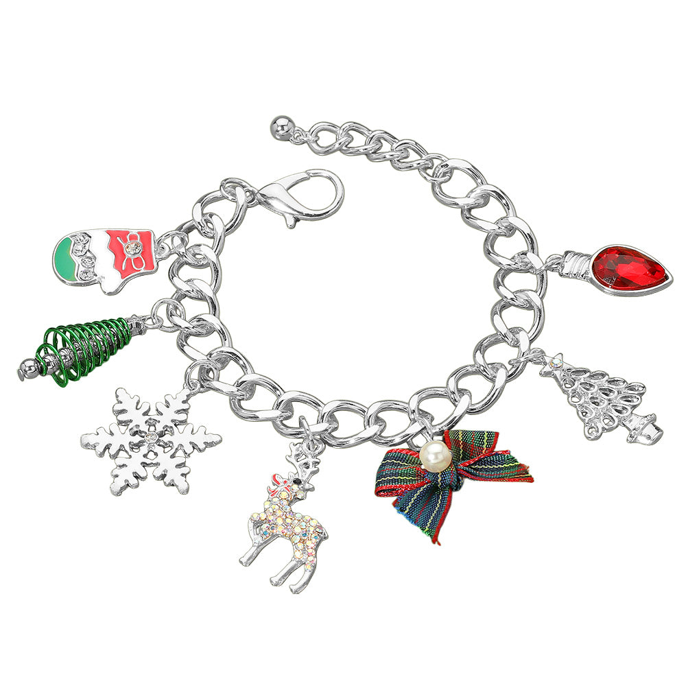 Multi Silver Christmas Tree Snowflake Pearl Bow Light Bulb Mitten Charm Bracelet