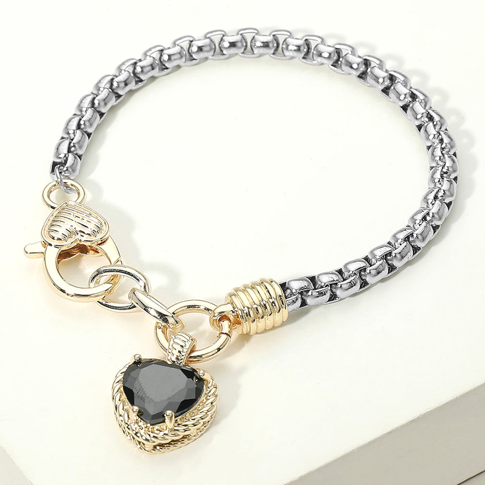 Madeline Love Jet Black Two Tone CZ Stone Heart Charm Bracelet - Jewelry