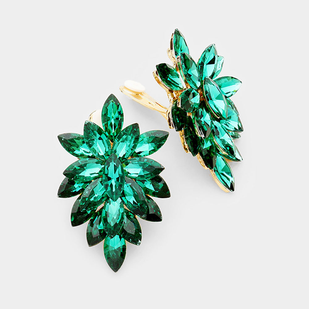 Madeline Love Emerald Marquise Crystal Cluster Clip on Evening Earrings