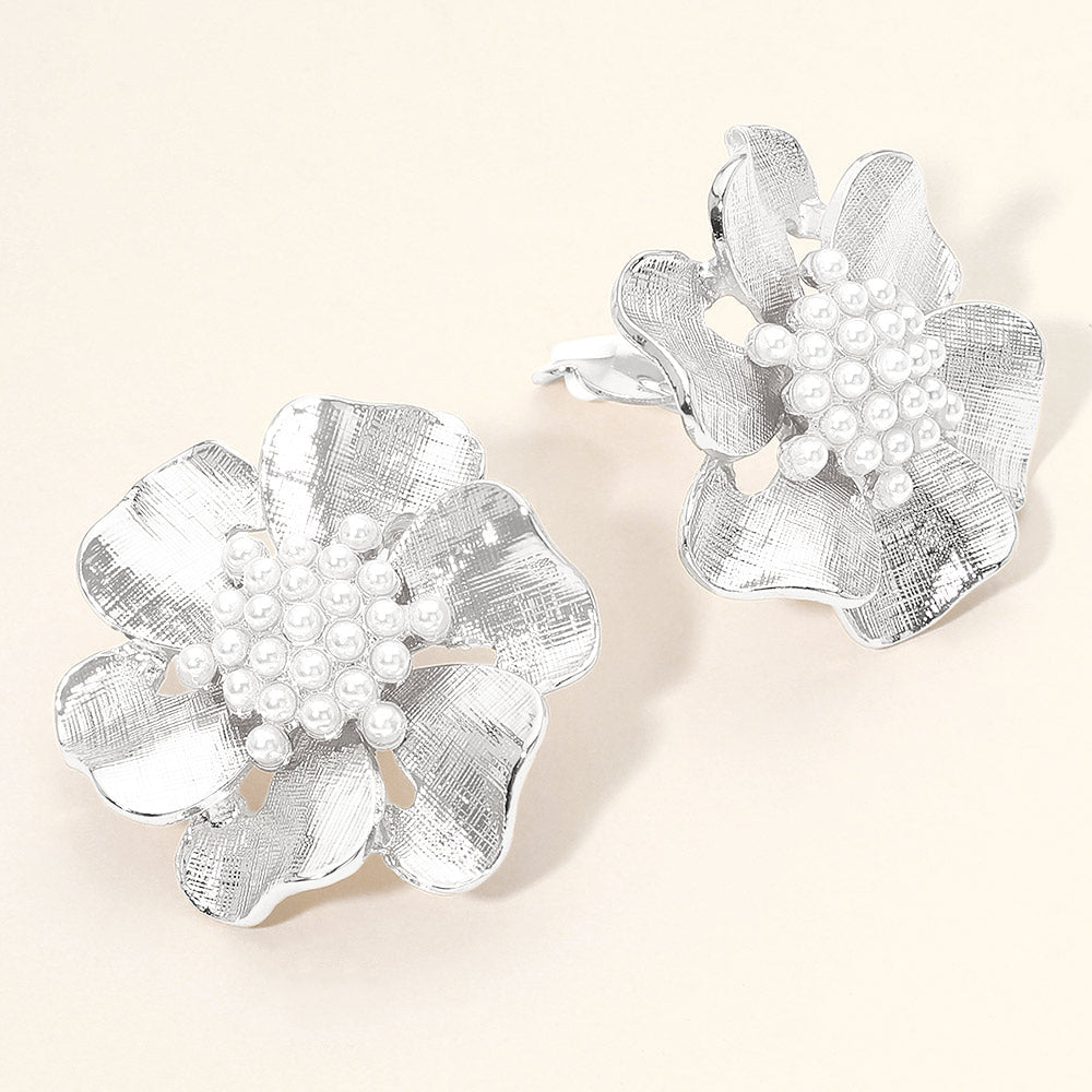 Madeline Love Rhodium Pearl Cluster Textured Metal Petal Floral Statement Clip On Earrings