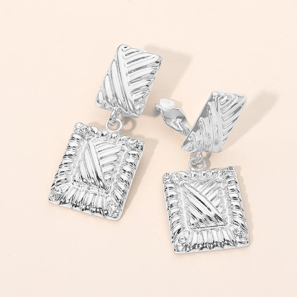 Madeline Love Rhodium Textured Metal Geometric Rectangle Frame Drop Clip On Earrings
