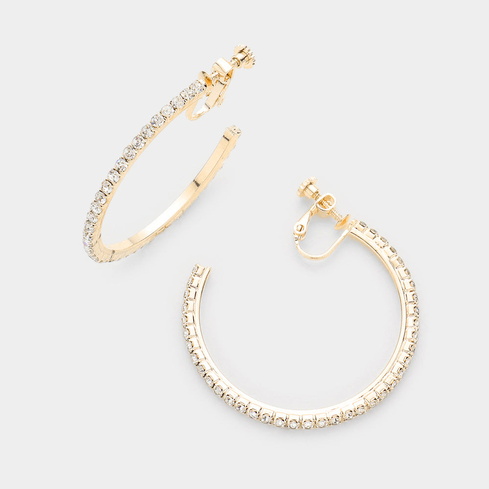 Madeline Love Gold 1.75 inch Rhinestone Hoop Clip on Earrings