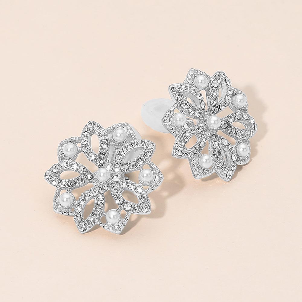 Madeline Love Rhodium Pearl Rhinestone Embellished Floral Clip On Earrings