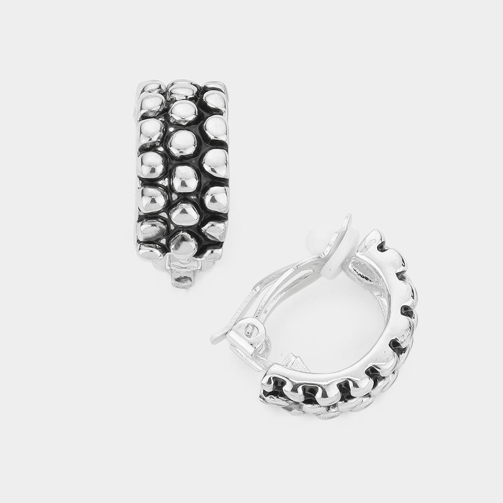 Madeline Love Antique Silver Bubble Textured Half Hoop Clip on Earrings