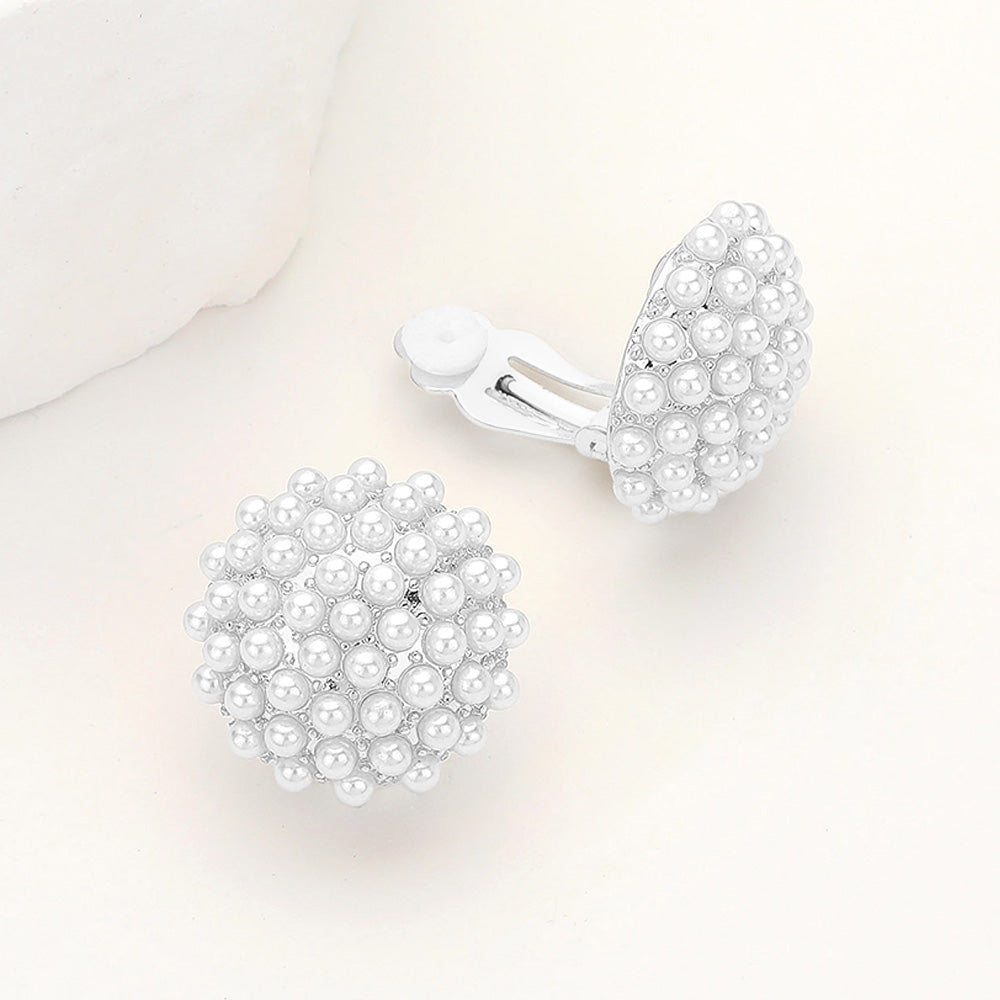 Madeline Love Silver, White Pearl Stud Clip On Earrings
