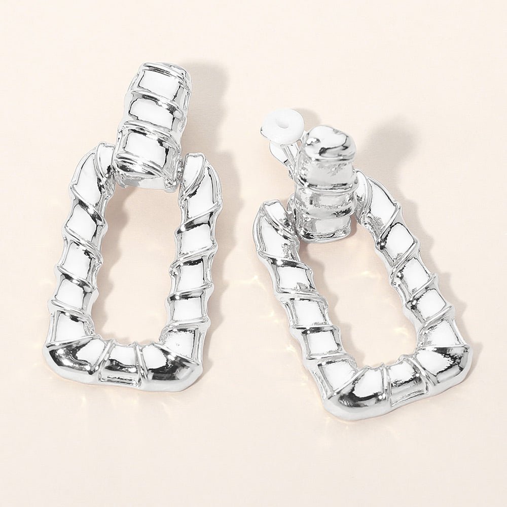 Madeline Love Silver Bold Geometric Open Metal Rectangle Door Knocker Clip On Earrings