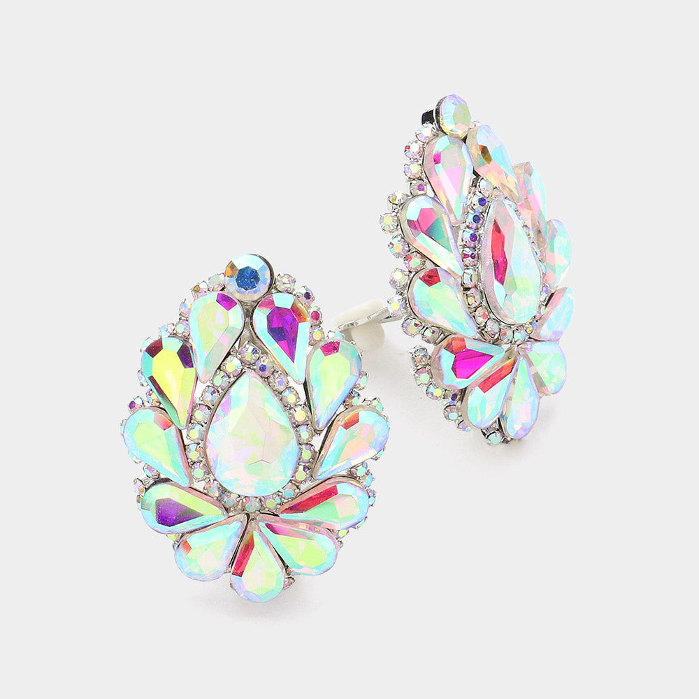 Madeline Love AB, Silver Teardrop Crystal Cluster Evening Clip On Earrings