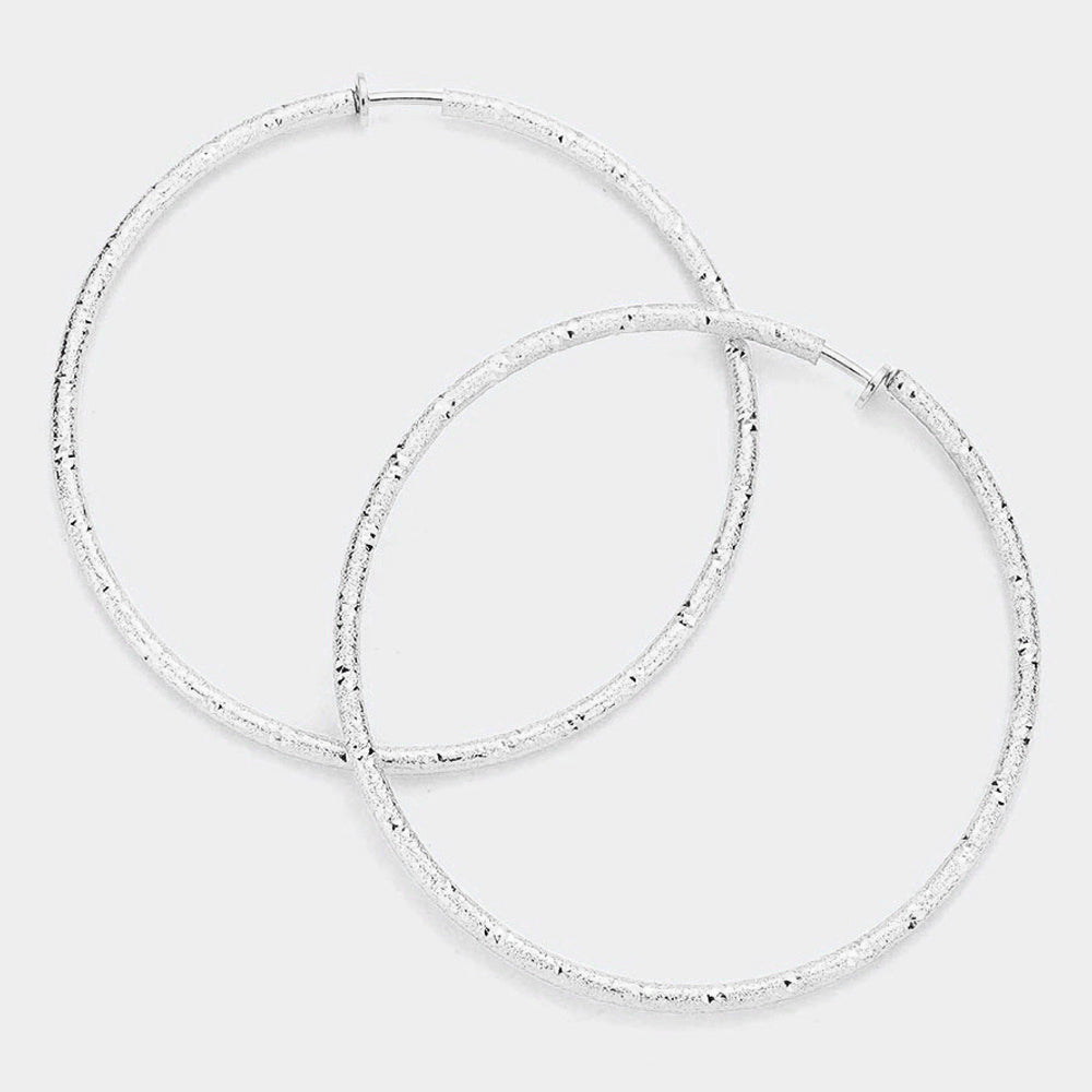 Madeline Love Silver 3.2 Inch Textured Metal Hoop Clip On Earrings