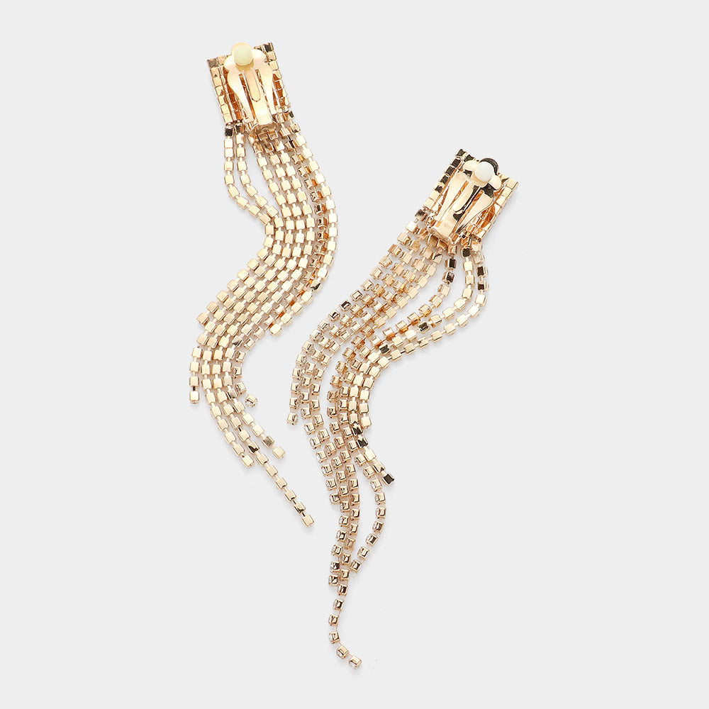 Madeline Love Gold Rhinestone Paved Fringe Clip On Evening Earrings - desc