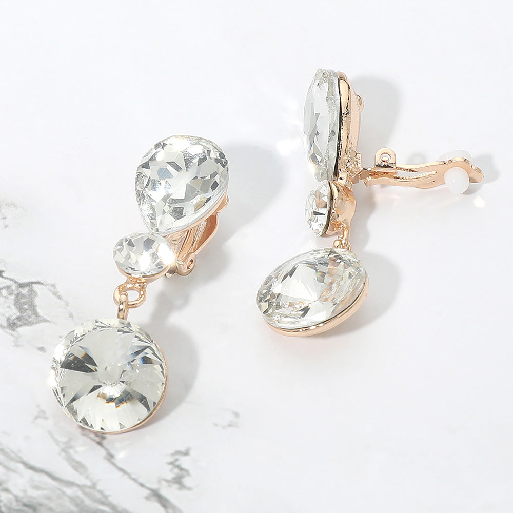 Madeline Love Clear, Gold Round Crystal Drop Evening Clip On Earrings