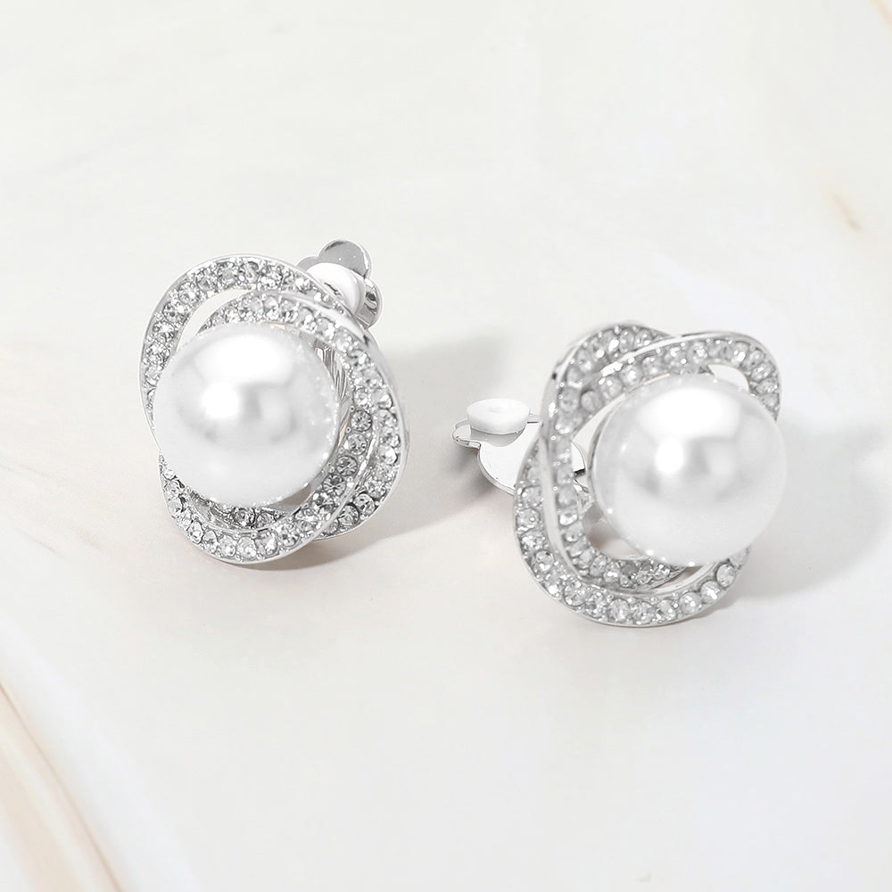 Madeline Love Cream, Rhodium Rhinestone Pave Double Halo Pearl Accent Clip On Earrings