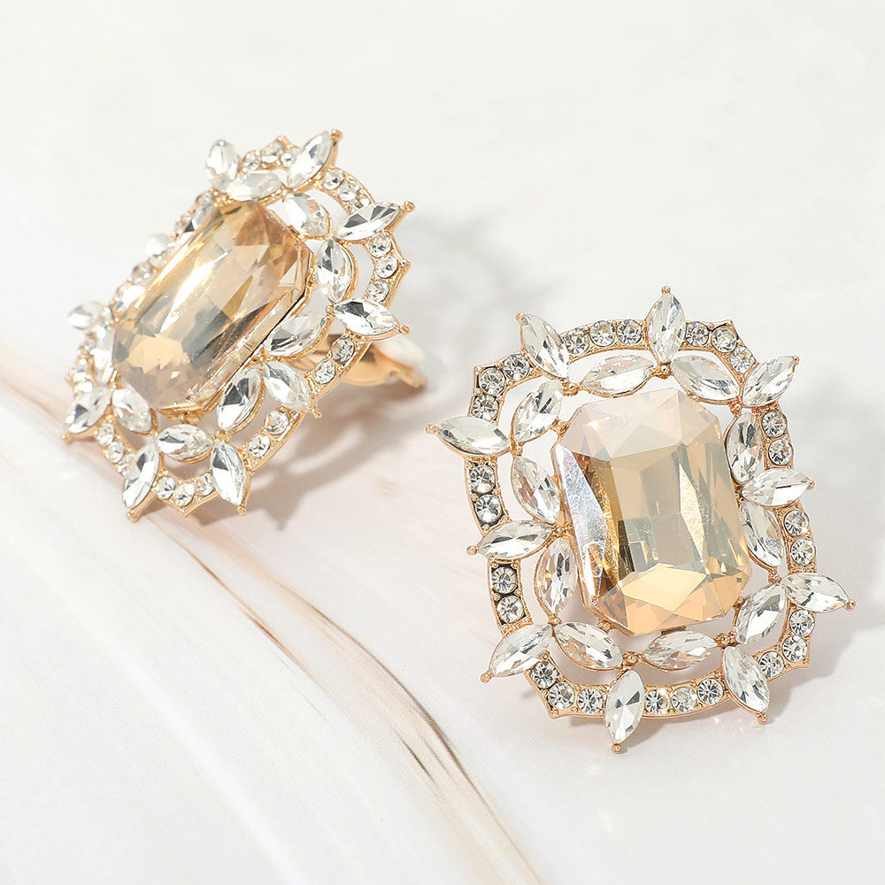 Madeline Love Topaz Bold Rectangular Gem Center Statement Evening Clip On Earrings