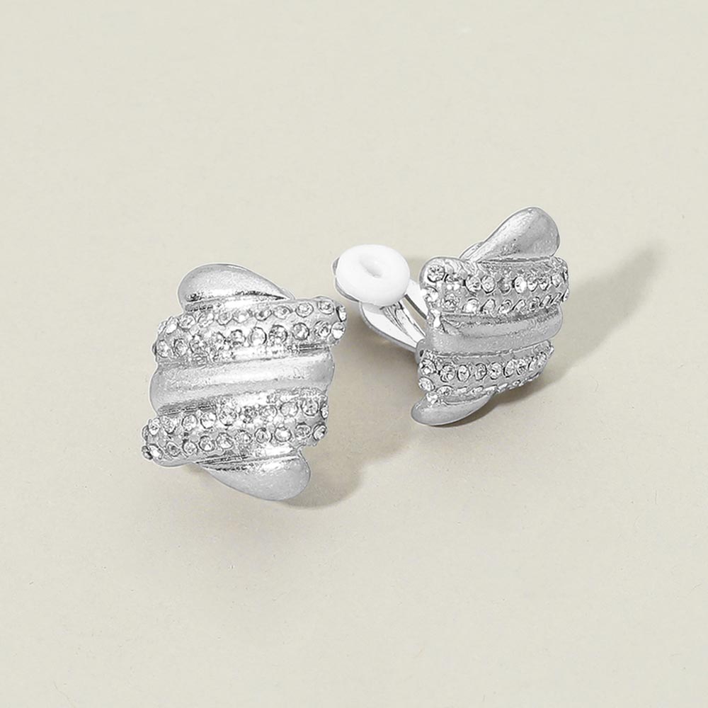 Madeline Love Clear, Worn Silver Bold Abstract Rhinestone Pave Accent Clip On Earrings