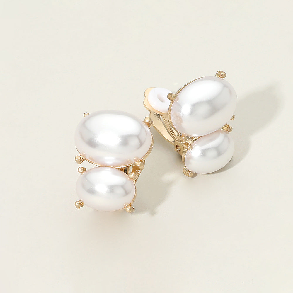 Madeline Love Cream, Worn Gold Double Pearl Oval Clip On Earrings