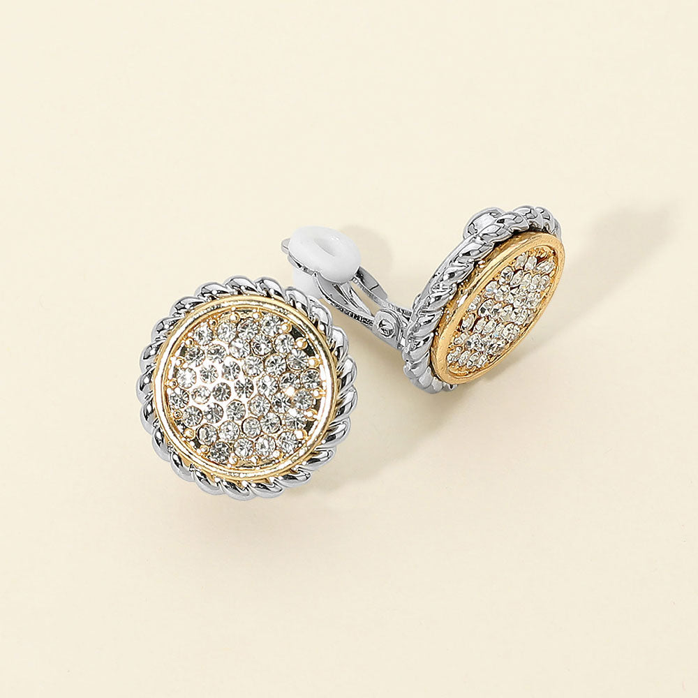 Madeline Love Rhodium, Two Tone Rhinestone Pave Round Clip On Earrings