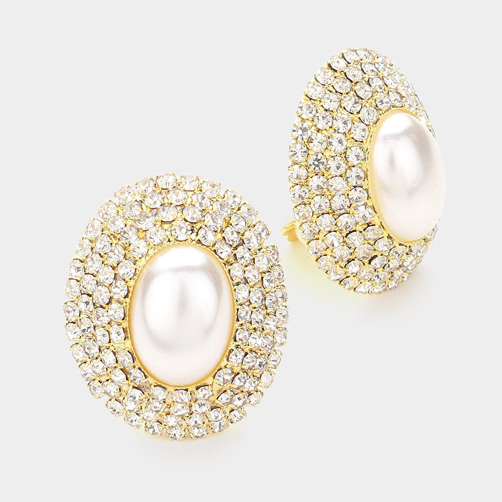 Madeline Love Cream, Gold Oval Crystal Pearl Clip On Earrings