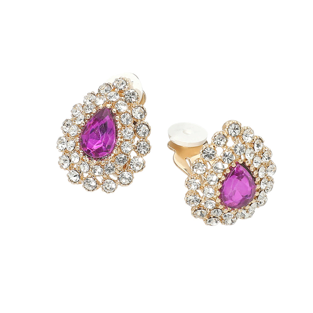 Madeline Love Gold, Purple Teardrop Cluster Evening Clip On Earrings - desc