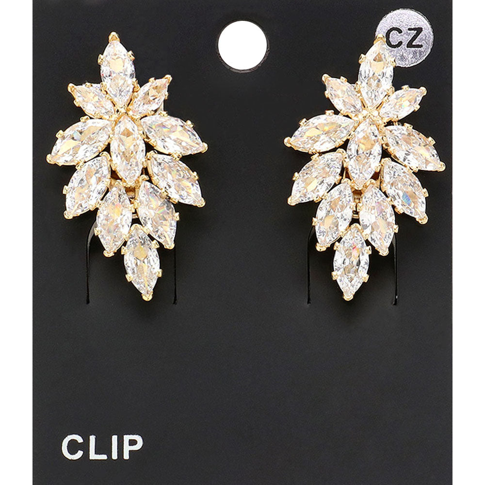 Madeline Love Clear, Gold Marquise CZ Stone Embellished Evening Clip On Earrings
