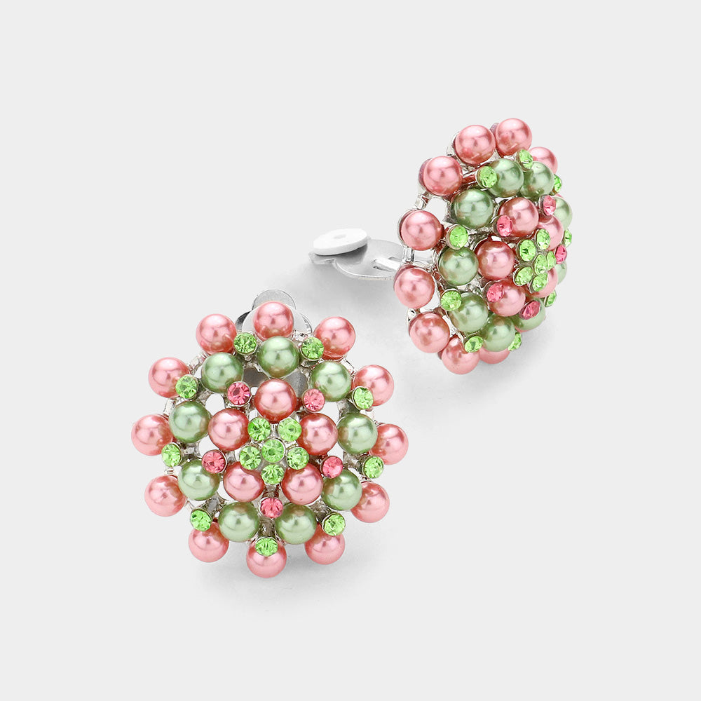 Madeline Love Pink&Green Floral Pearl Clip on Earrings