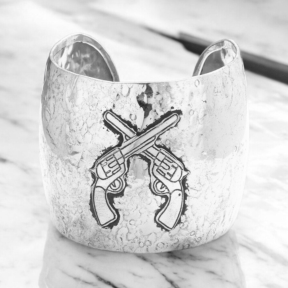 Madeline Love Silver Hammered metal crossed gun cuff bracelet - Bracelets